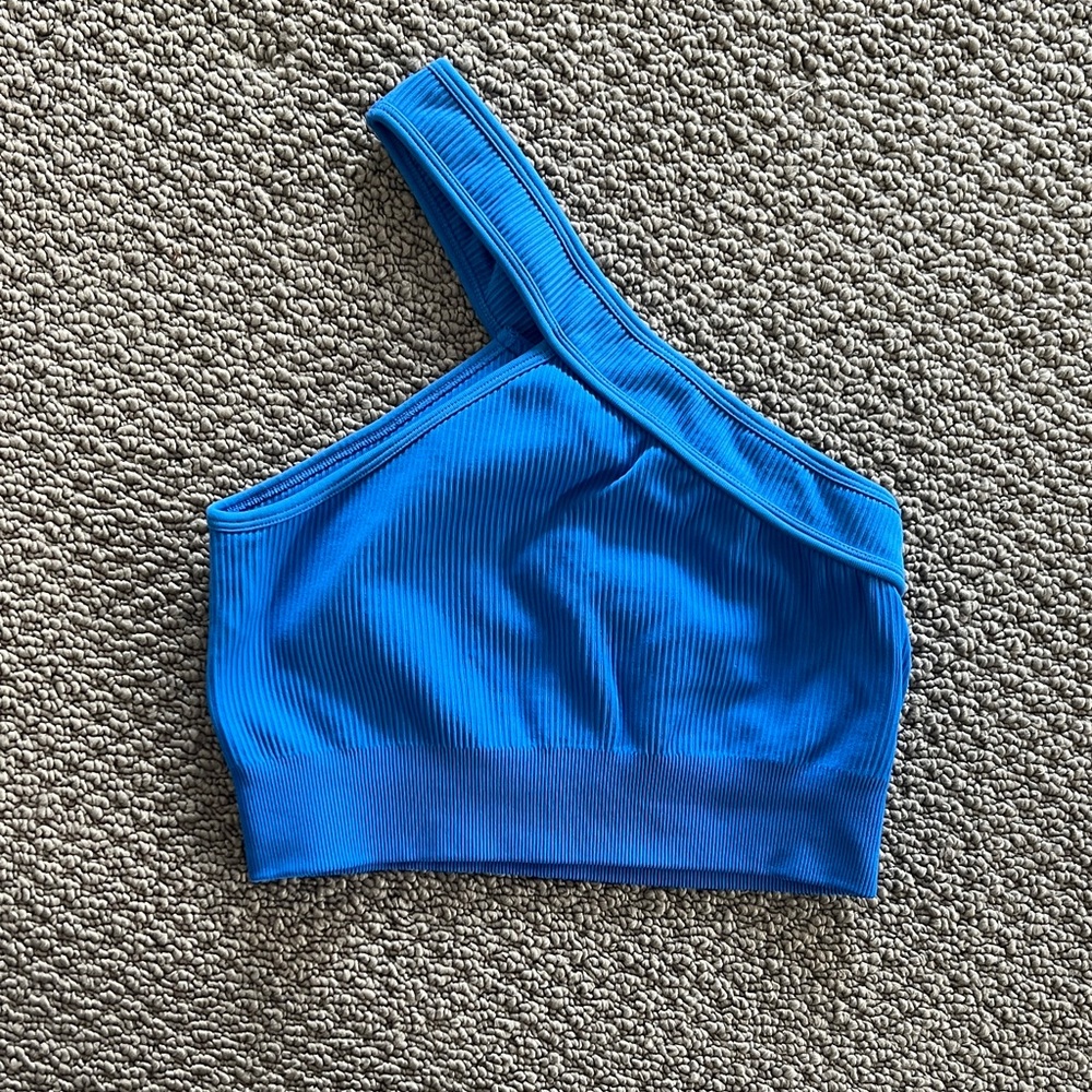 One-Shoulder Blue Ribbed Tank Top